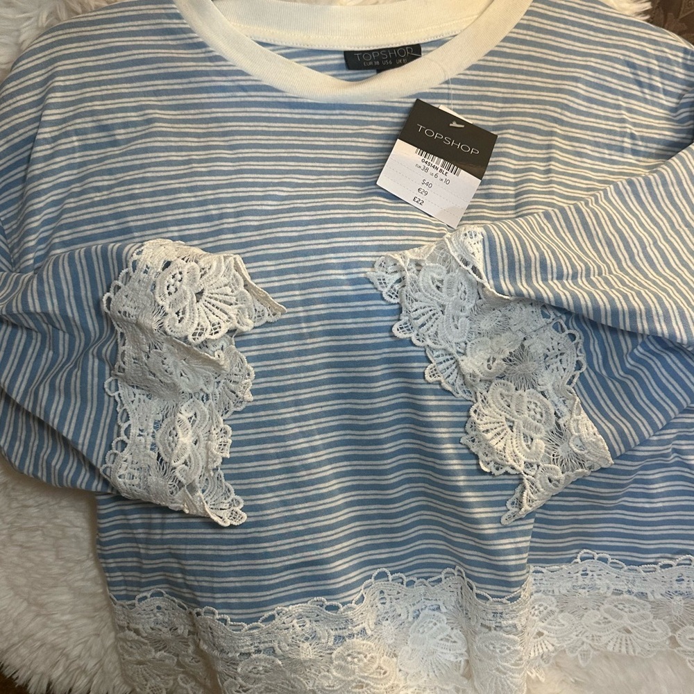 Topshop Blue White Stripe Lace Hem Crop Top NWT Size 6 - Picture 8 of 8